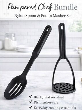 Pampered Chef Black Nylon Slotted Spoon and Potato Masher Set